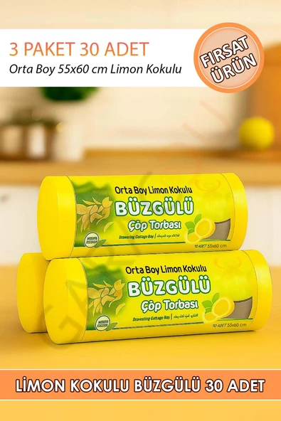 Orta Boy Limon Kokulu Büzgülü 55x60 Cm Kalın Çöp Poşeti Torbası 3 Paket - 30 Adet ürün görseli 1