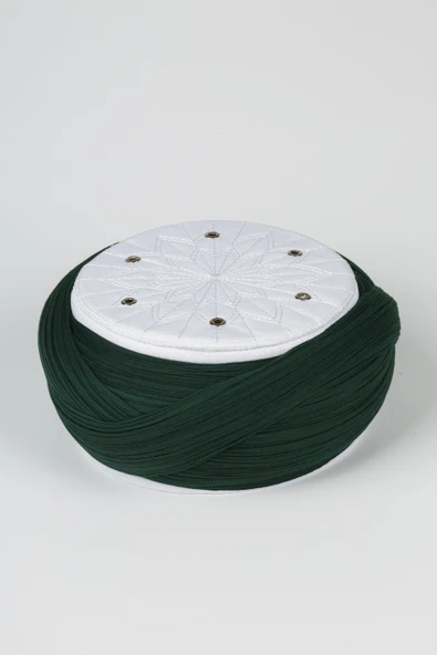 Talebe Sarığı - Yeşil Kumaş - Beyaz Takke - Çapraz Sarım - Kuş Gözü - 7 metre ürün görseli 1