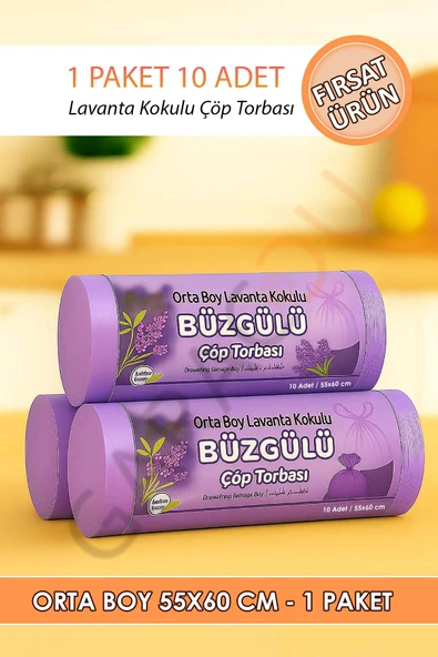 Lavanta Kokulu Büzgülü Çöp Torbası 10'lu 1 Paket - Orta Boy 55x60 Cm ürün görseli 1