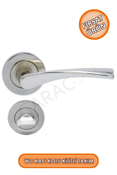 Kaliteli Nikel Rozet Wc Tip Kapı Kolu Kilitli Takım (Ön Arka Set) ürün görseli 1