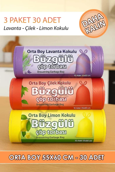 30 Adet Orta Boy Kokulu Büzgülü Çöp Poşetleri Limon Çilek Ve Lavanta Kokulu Çöp Torbaları 55x60 Cm ürün görseli 1