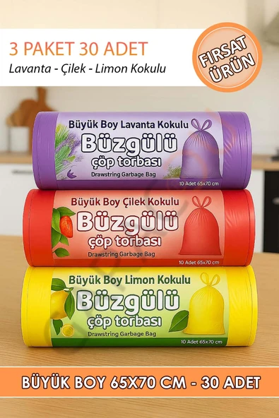 30 Adet Büyük Boy Kokulu Büzgülü Çöp Poşetleri Limon Çilek Ve Lavanta Kokulu Çöp Torbaları 65x70 Cm ürün görseli 1