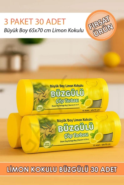 Büyük Boy Limon Kokulu Büzgülü 65x70 Cm Çöp Poşeti Torbası 3 Paket - 30 Adet ürün görseli 1