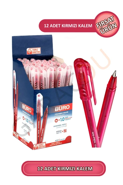 Büro 1.0 mm Kaliteli Kırmızı Tükenmez Kalem 12 Adet ürün görseli 1