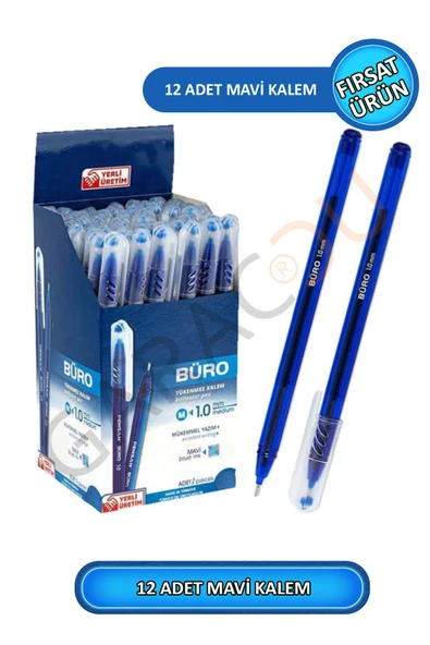 Büro 1.0 mm Kaliteli Mavi Tükenmez Kalem 12 Adet ürün görseli 1