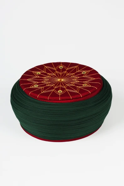 Talebe Sarığı - Yeşil Kumaş - Bordo Takke - Yuvarlak Sarım - Kuş Gözü - 5 metre ürün görseli 1