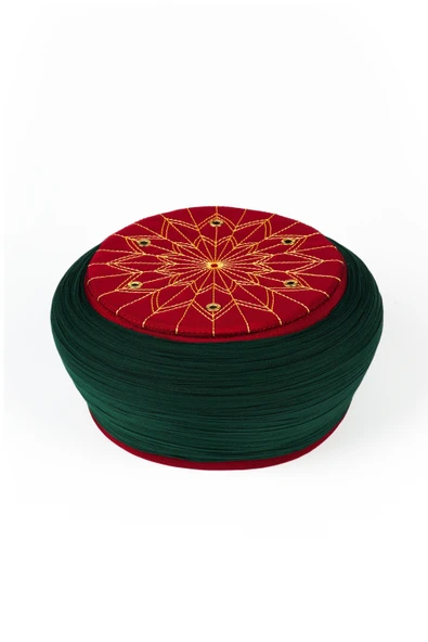 Talebe Sarığı - Yeşil Kumaş - Bordo Takke - Yuvarlak Sarım - Kuş Gözü - 7 metre ürün görseli 1