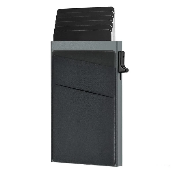 Valkyrie Premium Slim Metal Otomatik Kartlık – RFID Korumalı, Mekanizmalı, 10+ Kart Kapasiteli Gri ürün görseli 1