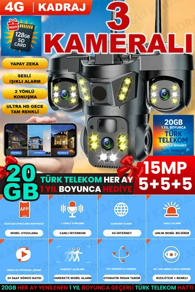 Sim Kartlı Kamera, 3 Kameralı, Solar Panelli, 20GB TURK TELEKOM Hat Dahil, İnsan Algılama, Sesli Konuşma, Alarm,X66B ürün görseli 1