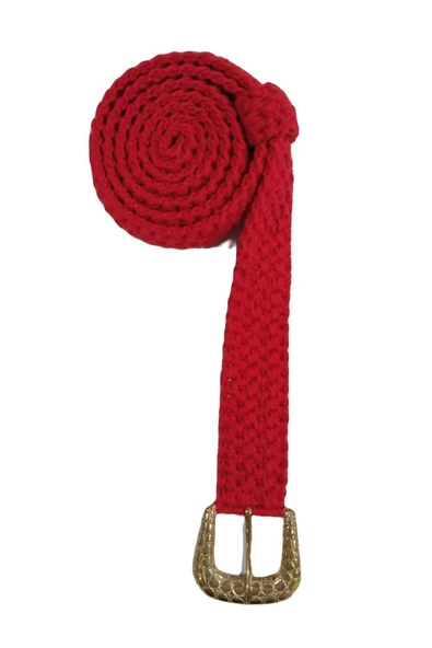 Kırmızı Metal Gold Tokalı Hasır Desenli Elbise Pantolon Bluz Dik Duruşlu Bel Kemer ürün görseli 1