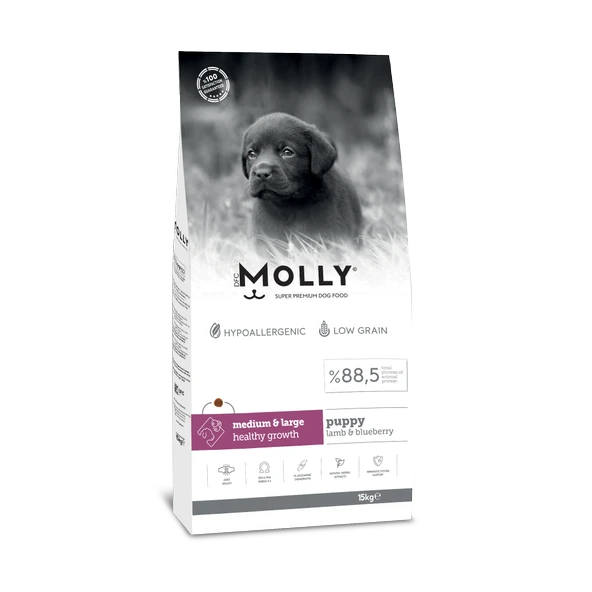 Molly Hipoalerjenik Düşük Tahıllı Kuzu Etli ve Yaban Mersinli Orta ve Büyük Irk Yavru Köpek Maması 15 Kg ürün görseli 1