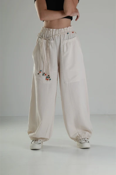 Tasarım Keten Bej Baggy Pantolon COC1291 ürün görseli 1