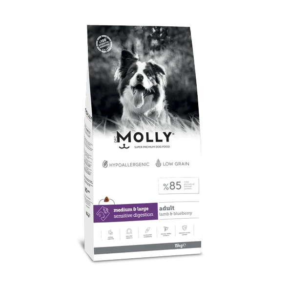 Molly Hipoalerjenik Düşük Tahıllı Kuzu Etli ve Yaban Mersinli Orta ve Büyük Irk Yetişkin Köpek Maması 15 Kg ürün görseli 1