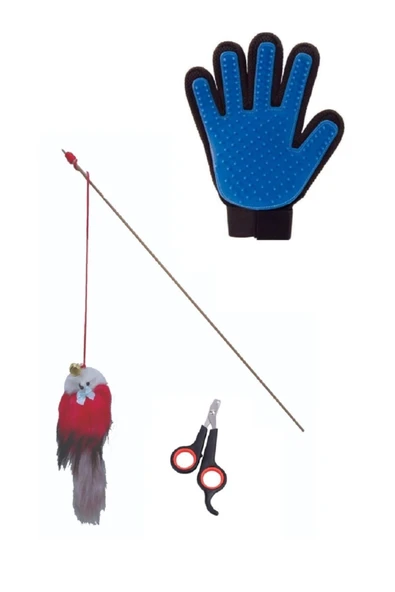 3lü Set Ahşap Tüylü Çıngıraklı Kedi Oltası Evcil Hayvan Tırnak Makası Kıl Tüy Toplama Eldiveni ürün görseli 1