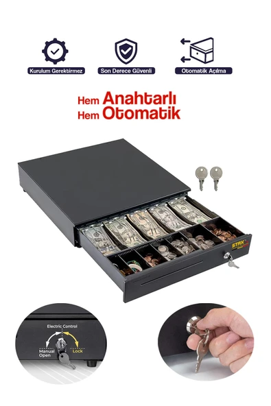 Büyük Boy Çelik Elektronik Para Çekmecesi – 5 Banknot ve 5 Madeni Para Gözlü Kasa Sistemi 41x41cm ürün görseli 1