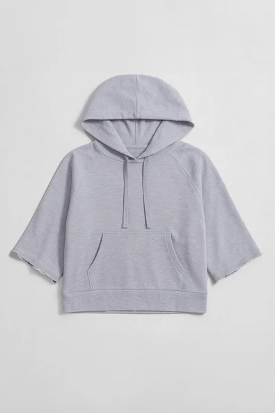 Kadın Kapüşonlu Cepli Crop Sweatshirt - Resim 5