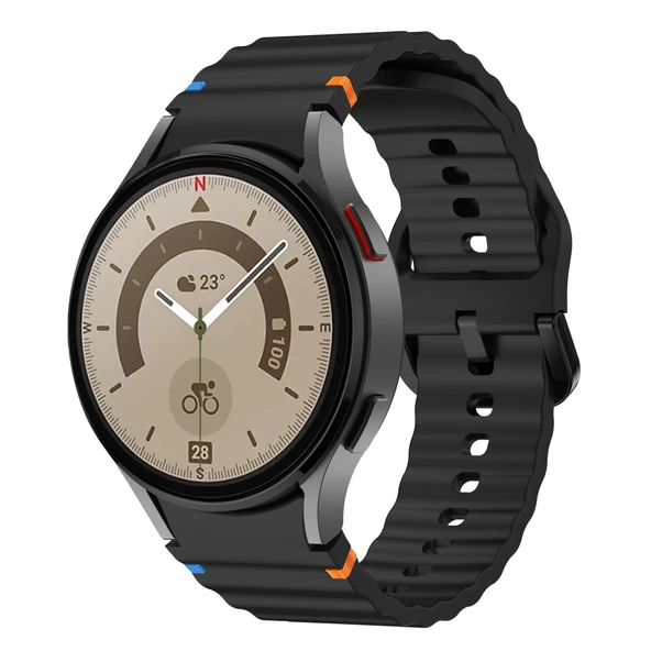 Samsung Galaxy Watch 5 Pro 45mm İle Uyumlu Metal Tokalı Dalgalı Spor Silikon Kordon  Siyah ürün görseli 1
