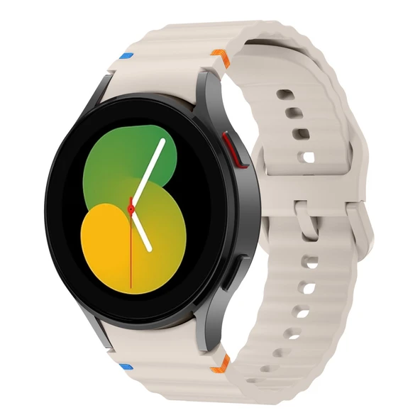 Samsung Galaxy Watch 5 40mm-44mm İle Uyumlu Metal Tokalı Dalgalı Spor Silikon Kordon  Bej ürün görseli 1