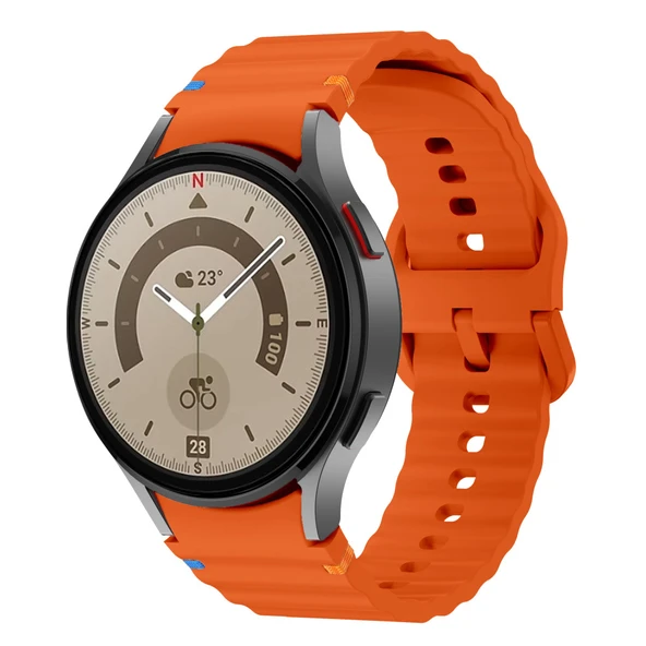 Samsung Galaxy Watch 5 Pro 45mm İle Uyumlu Metal Tokalı Dalgalı Spor Silikon Kordon  Turuncu ürün görseli 1