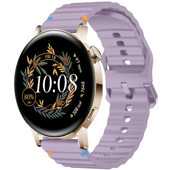 Huawei Watch GT2 GT3 42mm İle Uyumlu Dalga Desenli Tokalı Yumusaş Soft Silikon Kordon  Lila ürün görseli 1