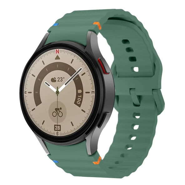 Samsung Galaxy Watch 5 Pro 45mm İle Uyumlu Metal Tokalı Dalgalı Spor Silikon Kordon  Koyu Yeşil ürün görseli 1