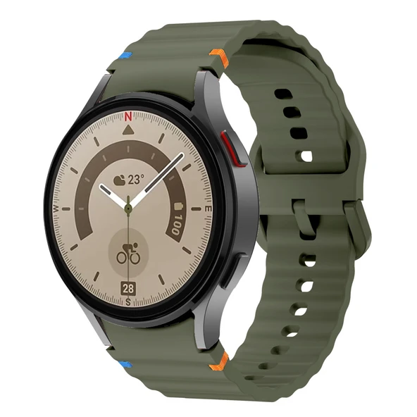 Samsung Galaxy Watch 5 Pro 45mm İle Uyumlu Metal Tokalı Dalgalı Spor Silikon Kordon  Haki ürün görseli 1