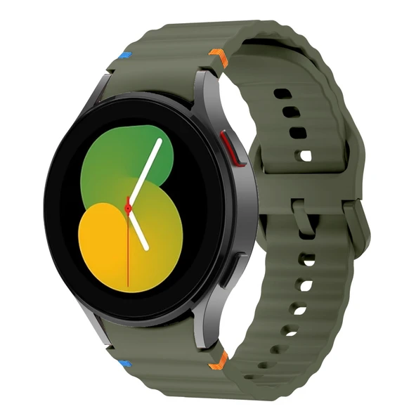 Samsung Galaxy Watch 5 40mm-44mm İle Uyumlu Metal Tokalı Dalgalı Spor Silikon Kordon  Haki ürün görseli 1