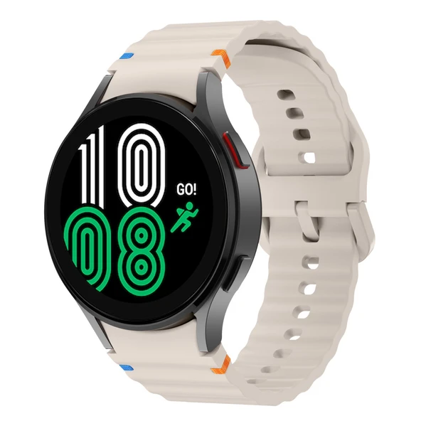 Samsung Galaxy Watch 4 40-42-44-46mm İle Uyumlu Metal Tokalı Dalgalı Spor Silikon Kordon  Bej ürün görseli 1