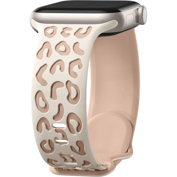 Apple Watch Uyumlu 44 45 46mm Leopar Desenli Yumuşak Silikon Kordon Seri 2 3 4 5 6 Se 7 8 9 10  Bej ürün görseli 1