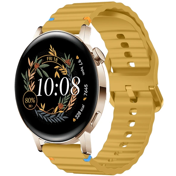 Huawei Watch GT2 GT3 42mm İle Uyumlu Dalga Desenli Tokalı Yumusaş Soft Silikon Kordon  Sarı ürün görseli 1