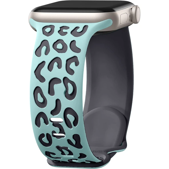 Apple Watch Uyumlu 44 45 46mm Leopar Desenli Yumuşak Silikon Kordon Seri 2 3 4 5 6 Se 7 8 9 10  Su Yeşili ürün görseli 1