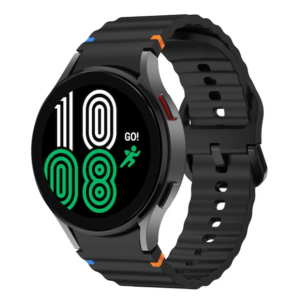 Samsung Galaxy Watch 4 40-42-44-46mm İle Uyumlu Metal Tokalı Dalgalı Spor Silikon Kordon  Siyah ürün görseli 1