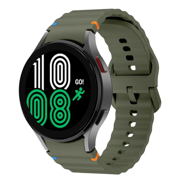 Samsung Galaxy Watch 4 40-42-44-46mm İle Uyumlu Metal Tokalı Dalgalı Spor Silikon Kordon  Haki ürün görseli 1