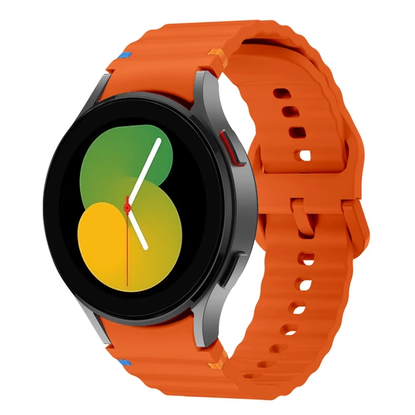 Samsung Galaxy Watch 5 40mm-44mm İle Uyumlu Metal Tokalı Dalgalı Spor Silikon Kordon  Turuncu ürün görseli 1