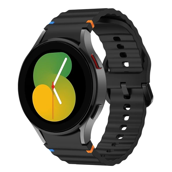 Samsung Galaxy Watch 5 40mm-44mm İle Uyumlu Metal Tokalı Dalgalı Spor Silikon Kordon  Siyah ürün görseli 1