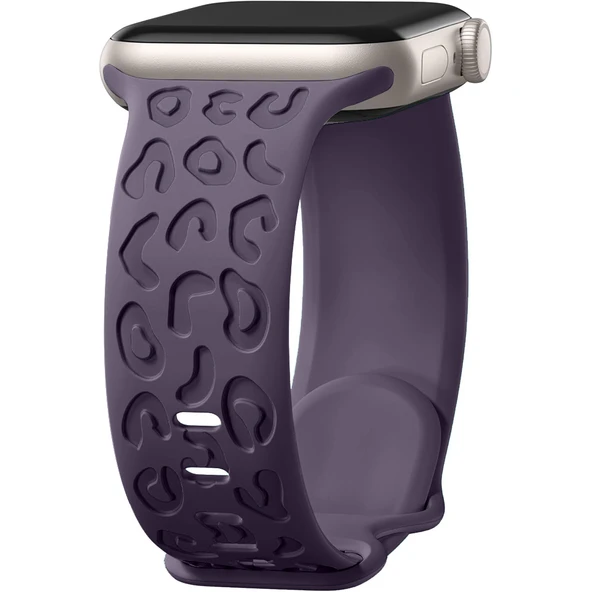 Apple Watch Uyumlu 44 45 46mm Leopar Desenli Yumuşak Silikon Kordon Seri 2 3 4 5 6 Se 7 8 9 10  Mor ürün görseli 1