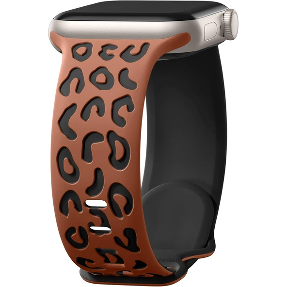 Apple Watch Ultra 1 ve 2 Uyumlu 49mm Leopar Desenli Yumuşak Silikon Kordon  Kahverengi ürün görseli 1