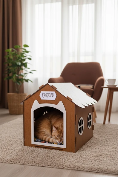 Ahşap Özel İsim Baskılı Dekoratif Kedi Evi-Kulübesi, Kediler İçin Kulübe, Kedi Kulübesi Ceviz ürün görseli 1