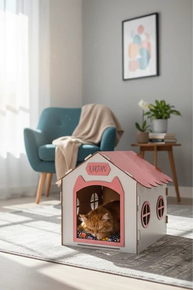 Ahşap Özel İsim Baskılı Dekoratif Kedi Evi-Kulübesi, Kediler İçin Kulübe, Kedi Kulübesi Beyaz-Pembe ürün görseli 1