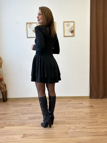 Kare Yaka Drapeli Mini Elbise - Resim 4