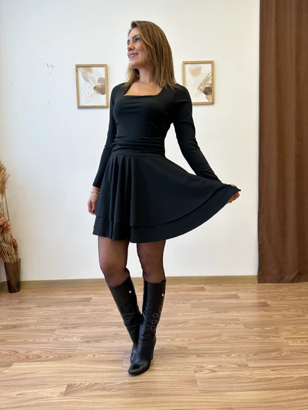 Kare Yaka Drapeli Mini Elbise - Resim 11