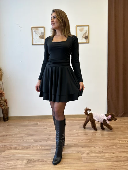 Kare Yaka Drapeli Mini Elbise - Resim 2