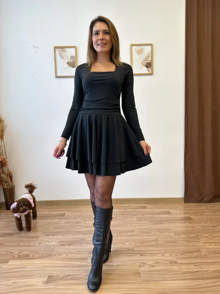 Kare Yaka Drapeli Mini Elbise - Resim 8