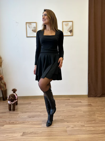 Kare Yaka Drapeli Mini Elbise - Resim 10