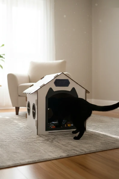 Ahşap Özel İsim Baskılı Dekoratif Kedi Evi-Kulübesi, Kediler İçin Kulübe, Kedi Kulübesi Beyaz-Siyah ürün görseli 1