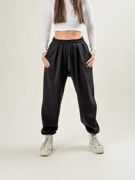 Paça Lastikli Pileli Siyah Jogger Pantolon COC2081 ürün görseli 1