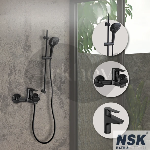 NSK Alamera Lavabo + Banyo Bataryası ve Calma Square Sürgülü Duş Takımı Seti - Mat Siyah N5002029 ürün görseli 1