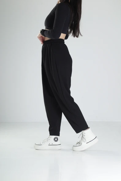Pileli Siyah Jogger Pantolon COC2094 - Resim 3
