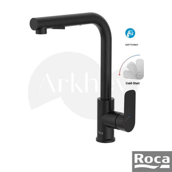 Roca Cala Döner "L" Borulu Spiralli Eviye/Mutfak Bataryası - Mat Siyah / Fonksiyonlu Elcik A5A856ENB0 ürün görseli 1