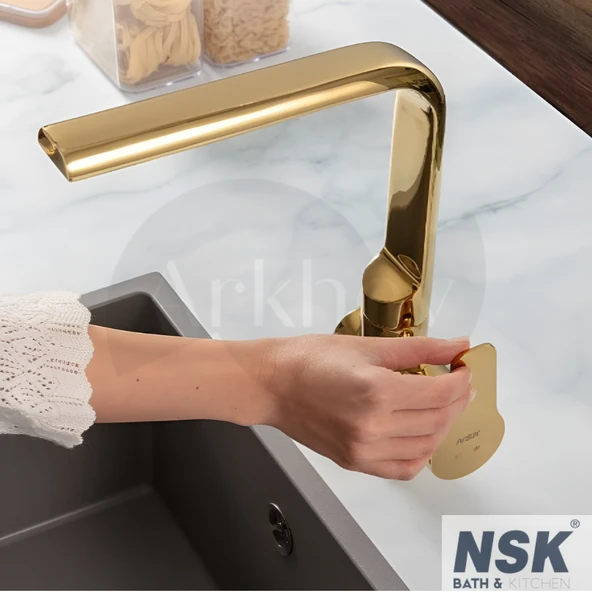 NSK Alora Pro Döner "L" Borulu Eviye Bataryası - PVD Altın / Döküm Boru N3062219 ürün görseli 1